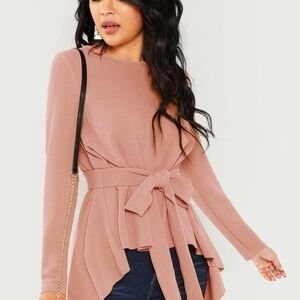 SHEIN Self Belted Dip Hem Top